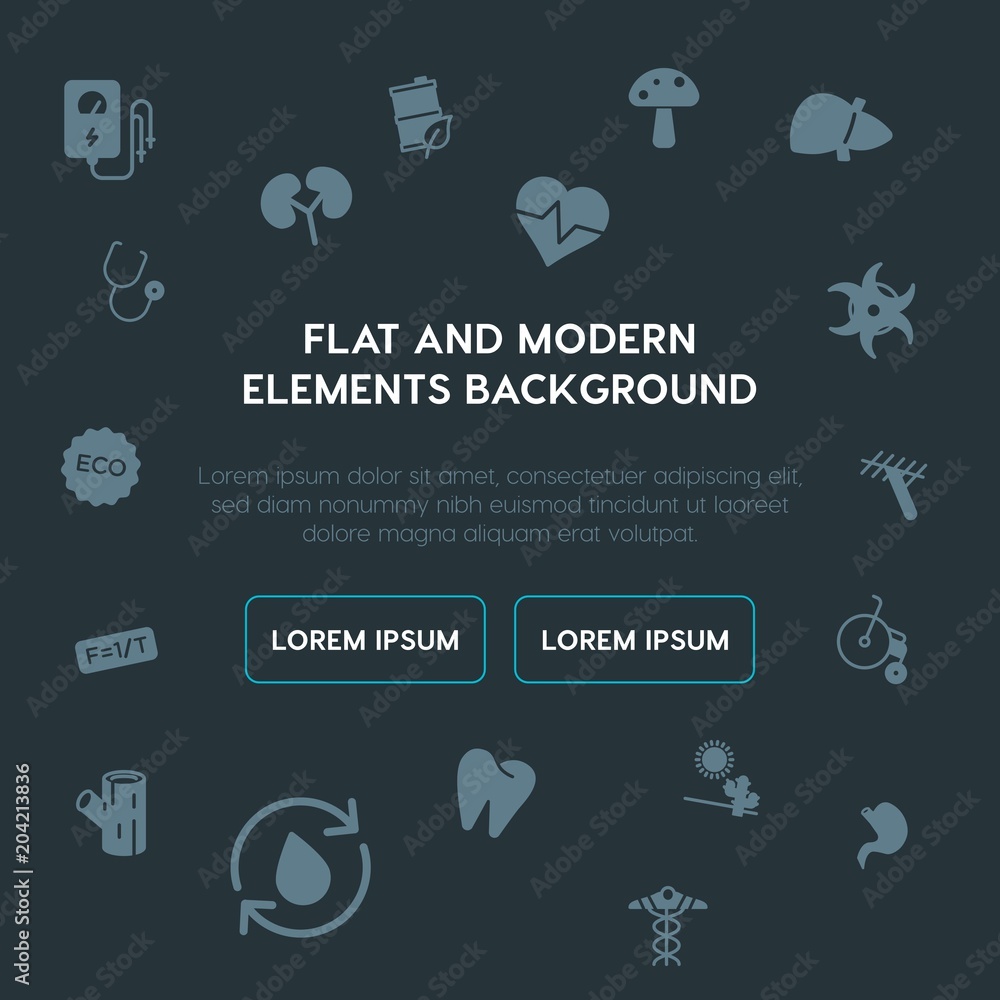 Poster health, science, nature fill vector icons and elements background concept on dark background.multipu