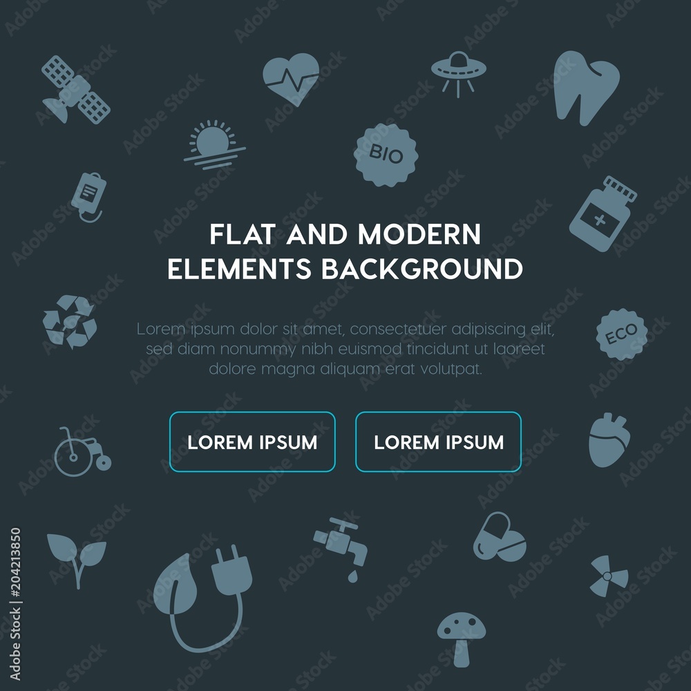 Poster health, science, nature fill vector icons and elements background concept on dark background.multipu