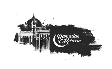 Ramadan Kareem Mosque or Masjid with calligraphy stylish lettering Ramadan Kareem text. vector illustration.