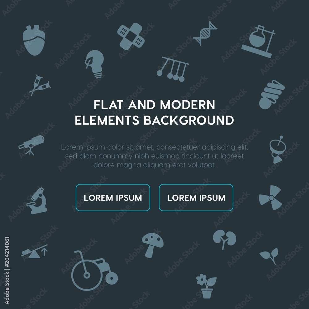 Poster health, science, nature fill vector icons and elements background concept on dark background.multipu