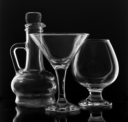 glassware on black background