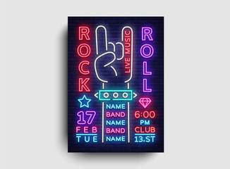 Rock Music Night Party flyer design template. Rock and Roll Neon Sign, Light Banner, Design Rock Concert Invitation, Neon Style, Bright Brochure, Typography, Bright Neon Advertising. Vector