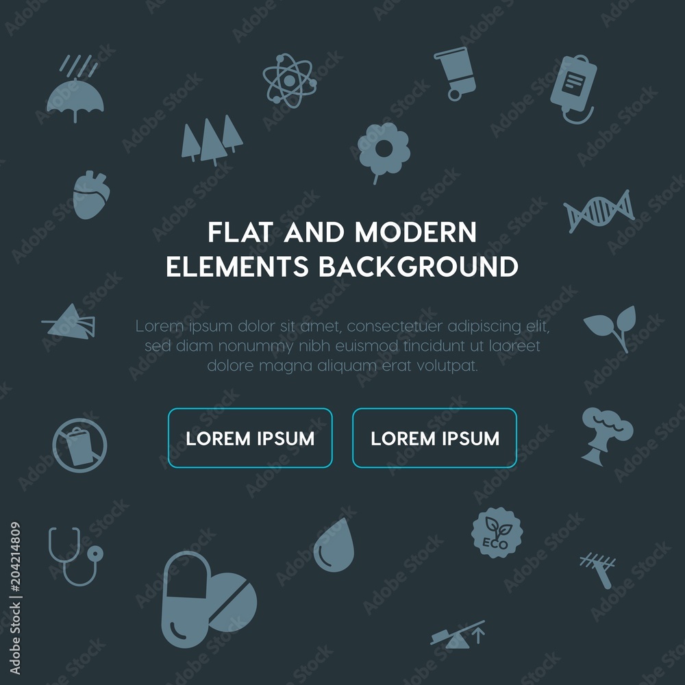 Poster health, science, nature fill vector icons and elements background concept on dark background.multipu