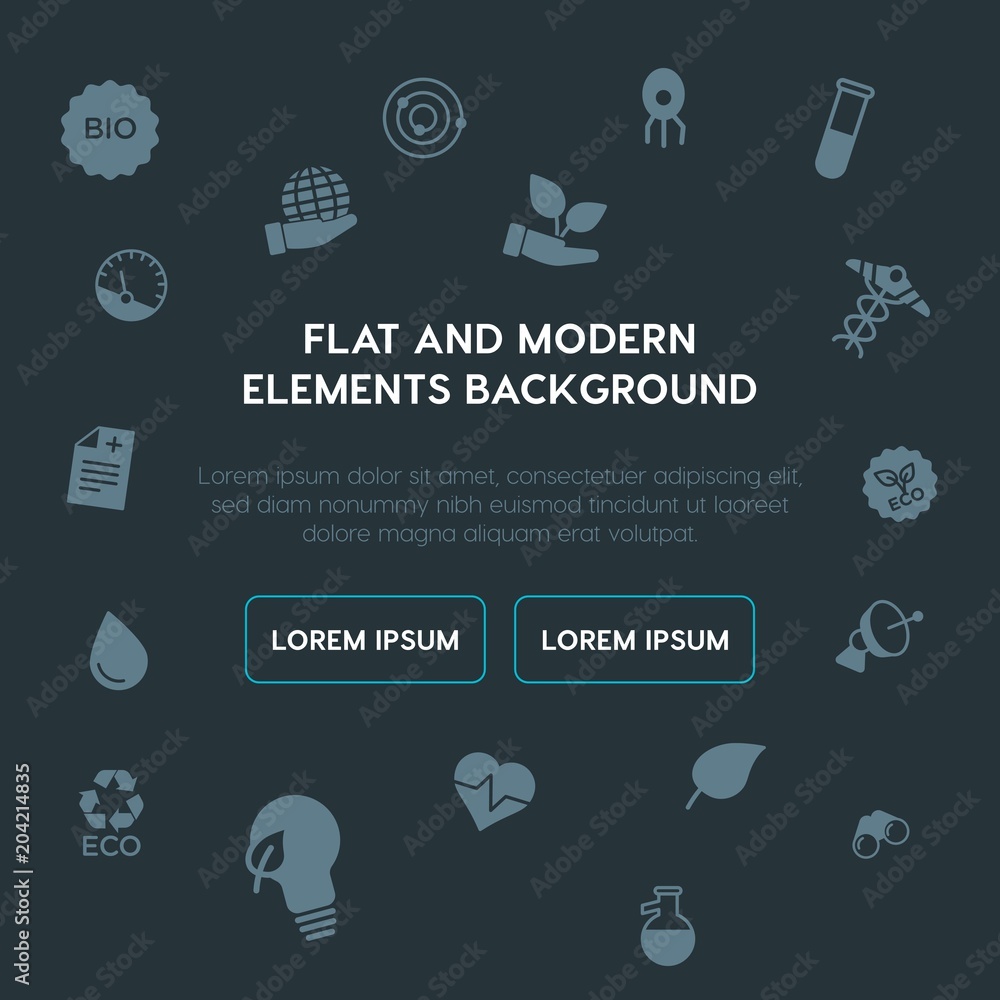 Poster health, science, nature fill vector icons and elements background concept on dark background.multipu
