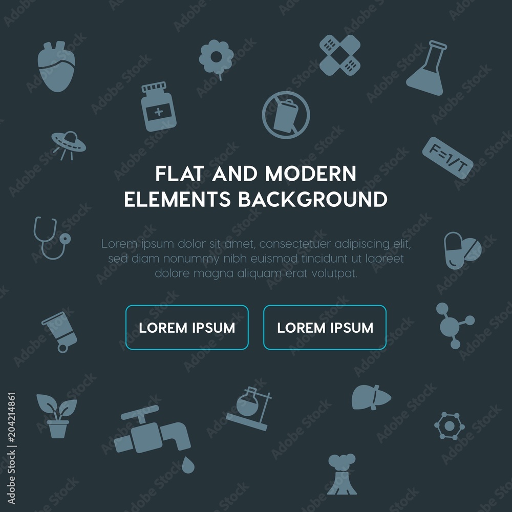 Poster health, science, nature fill vector icons and elements background concept on dark background.multipu