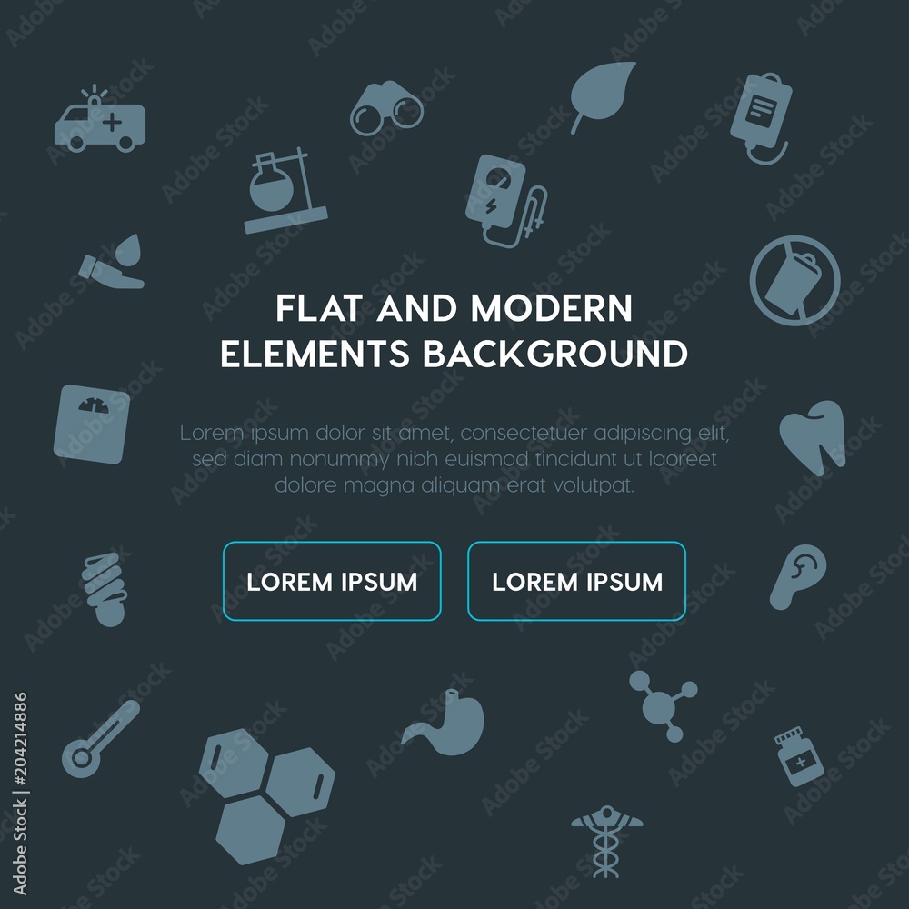 Poster health, science, nature fill vector icons and elements background concept on dark background.multipu
