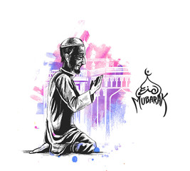 Muslim man praying ( Namaz, Islamic Prayer ) - Hand Drawn Sketch Vector Background.