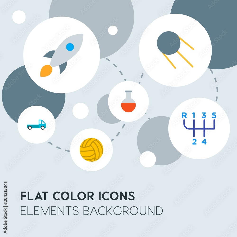 Poster transports, science, sports flat vector icons and elements background with circle bubbles networks.m
