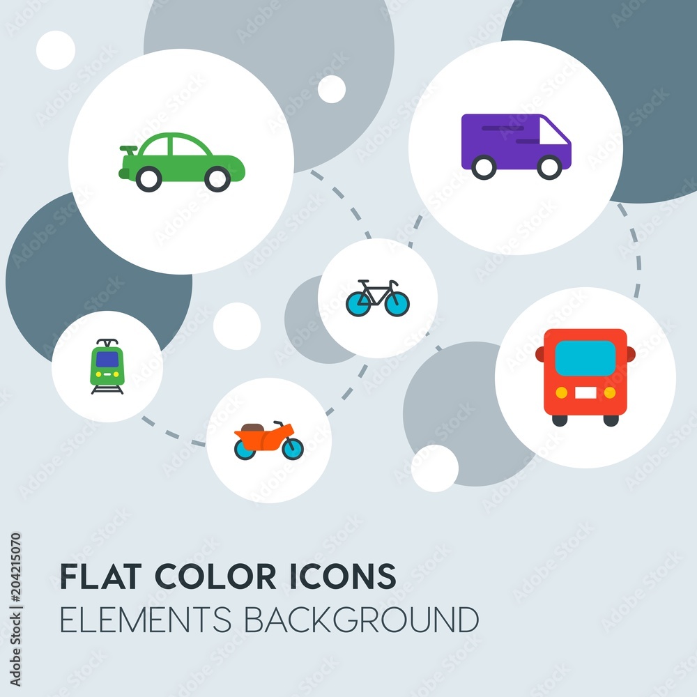 Poster transports, science, sports flat vector icons and elements background with circle bubbles networks.m