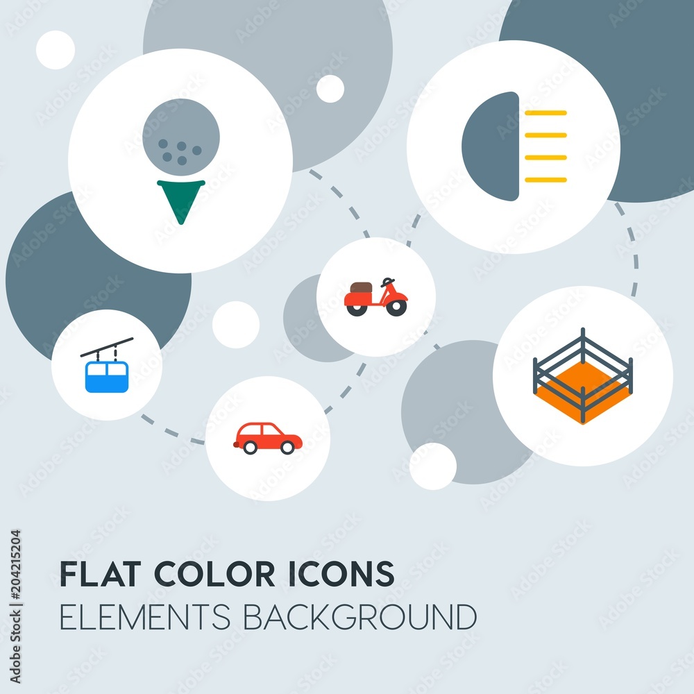 Poster transports, science, sports flat vector icons and elements background with circle bubbles networks.m