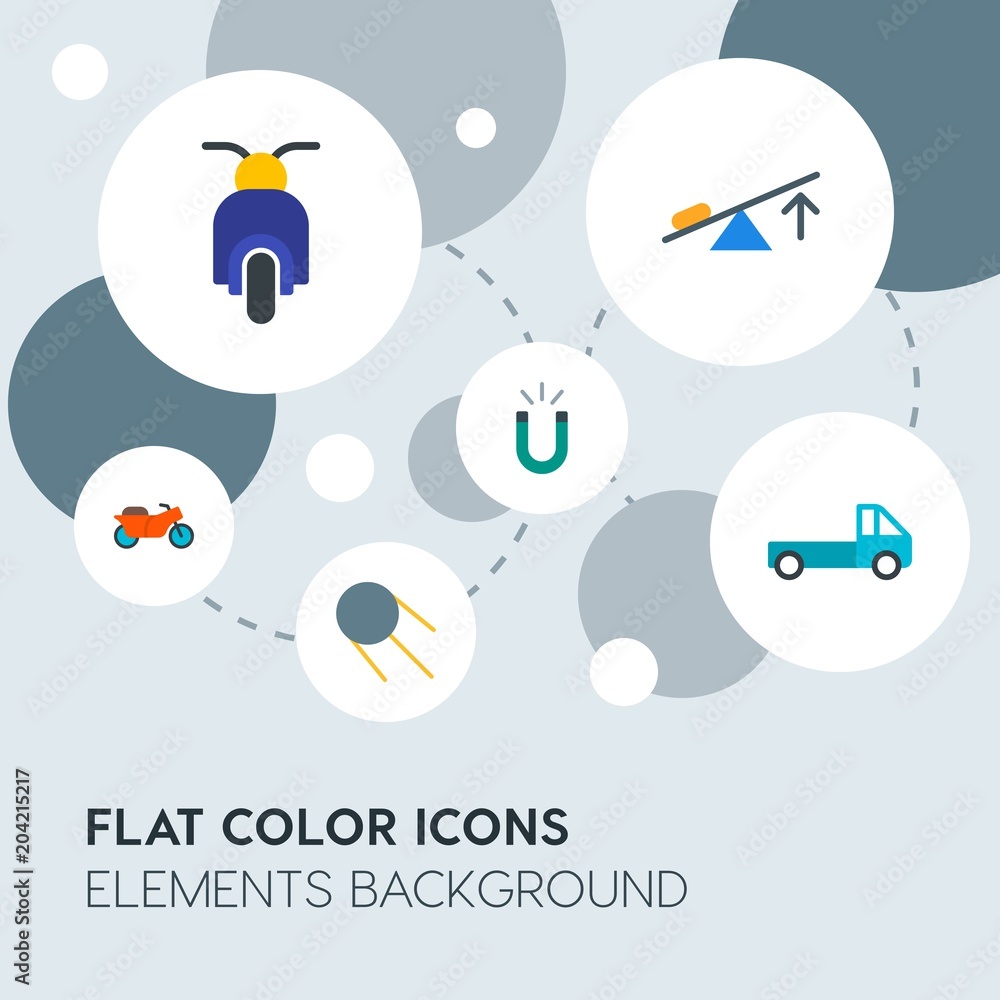 Poster transports, science, sports flat vector icons and elements background with circle bubbles networks.m