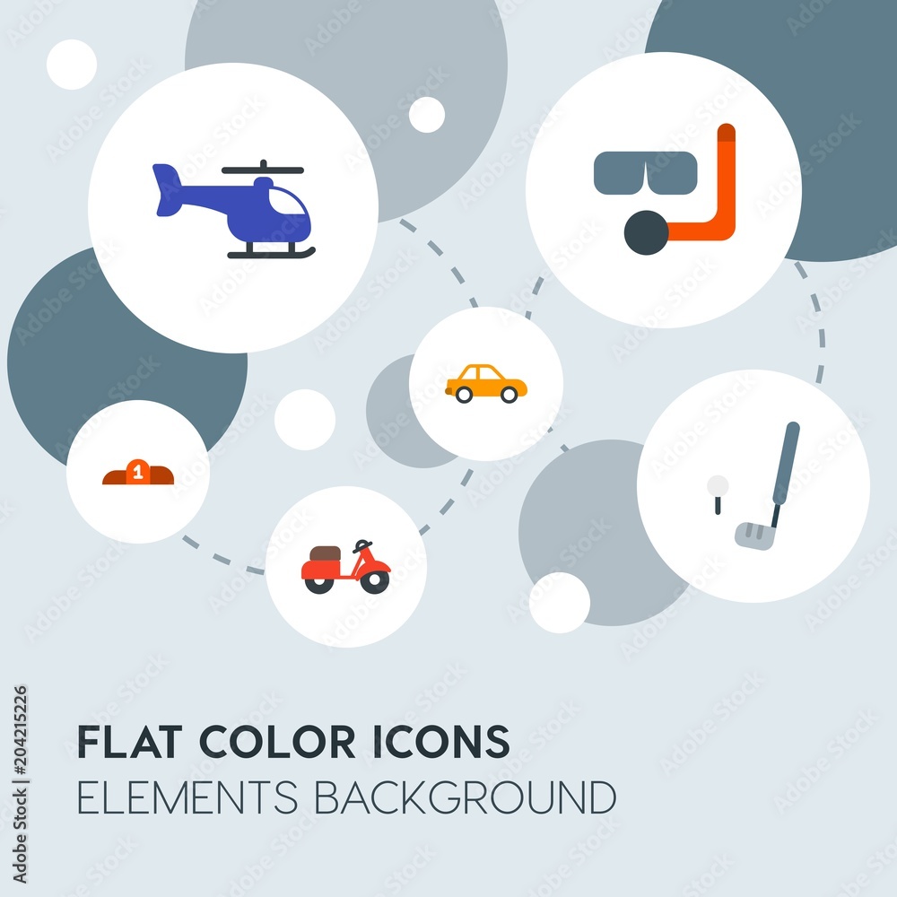 Poster transports, science, sports flat vector icons and elements background with circle bubbles networks.m