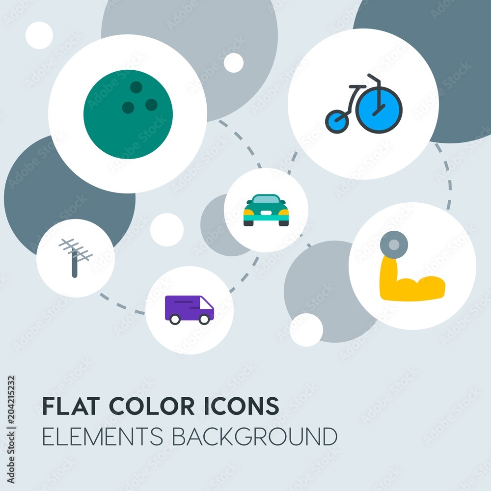 Poster transports, science, sports flat vector icons and elements background with circle bubbles networks.m