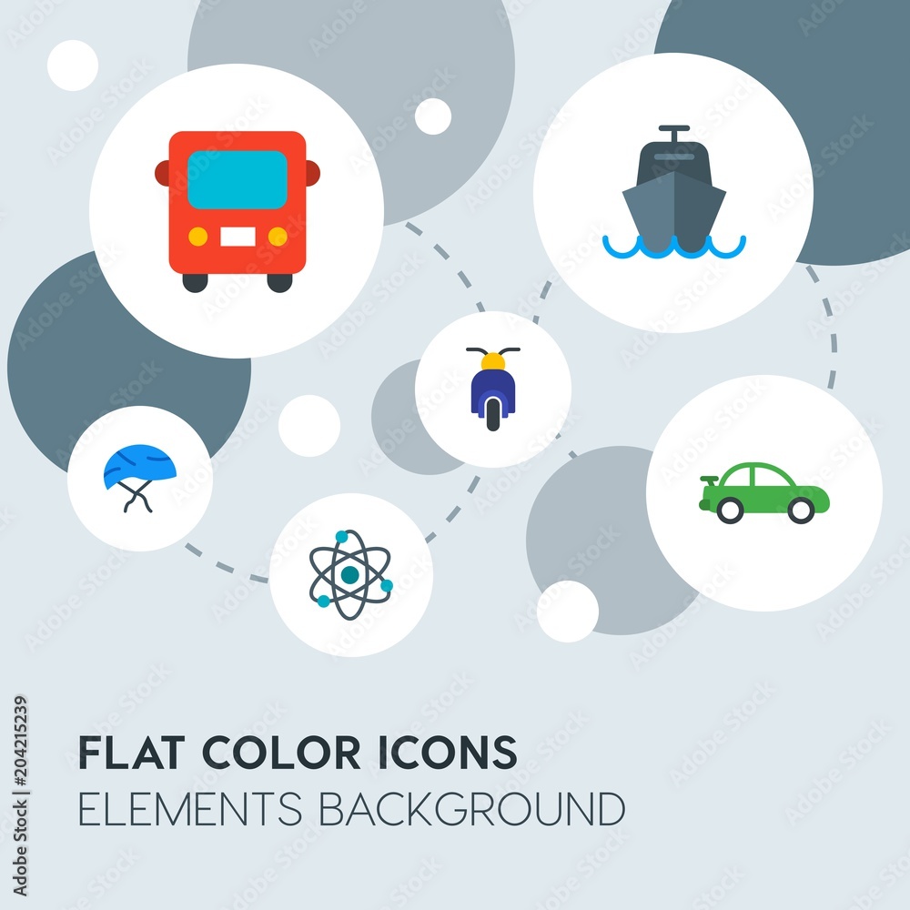 Poster transports, science, sports flat vector icons and elements background with circle bubbles networks.m
