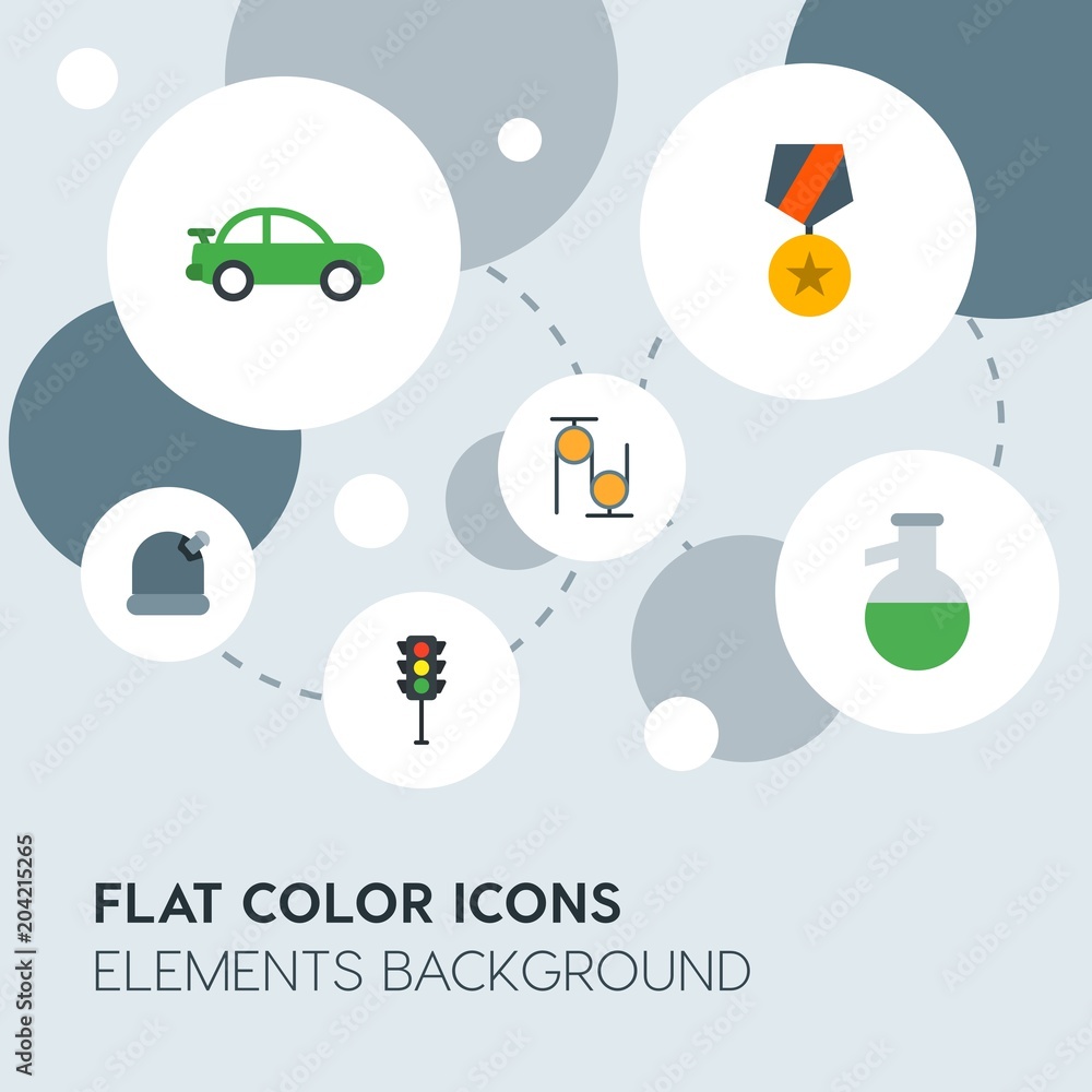 Poster transports, science, sports flat vector icons and elements background with circle bubbles networks.m