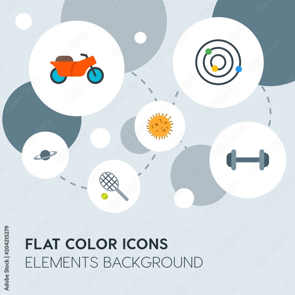 Poster transports, science, sports flat vector icons and elements background with circle bubbles networks.Multipurpose use on websites, presentations, brochures and more