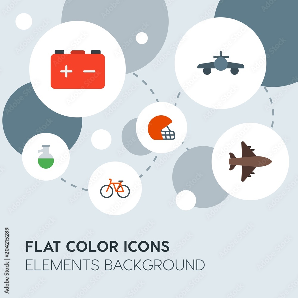 Poster transports, science, sports flat vector icons and elements background with circle bubbles networks.m