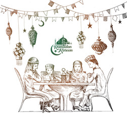 Happy Muslim family Ramadan Kareem Iftar party celebration, Hand Drawn Sketch Vector illustration.