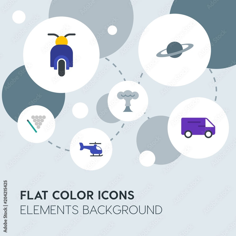 Poster transports, science, sports flat vector icons and elements background with circle bubbles networks.m