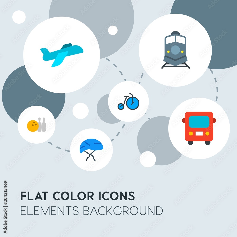 Poster transports, science, sports flat vector icons and elements background with circle bubbles networks.m