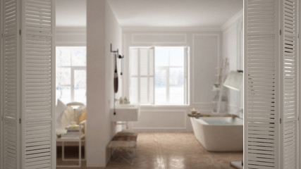 White folding door opening on modern scandinavian bedroom with bathroom, white interior design, architect designer concept, blur background