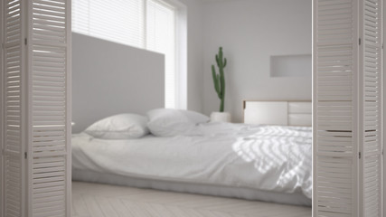 White folding door opening on modern scandinavian minimalist bedroom, white interior design, architect designer concept, blur background