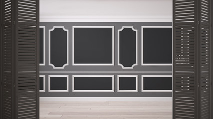 White folding door opening on classic empty space with stucco mouldings and parquet floor, vintage interior design