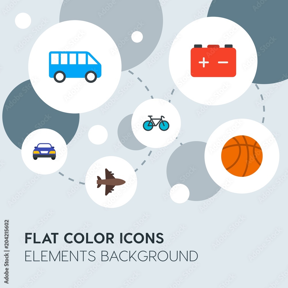 Poster transports, science, sports flat vector icons and elements background with circle bubbles networks.m