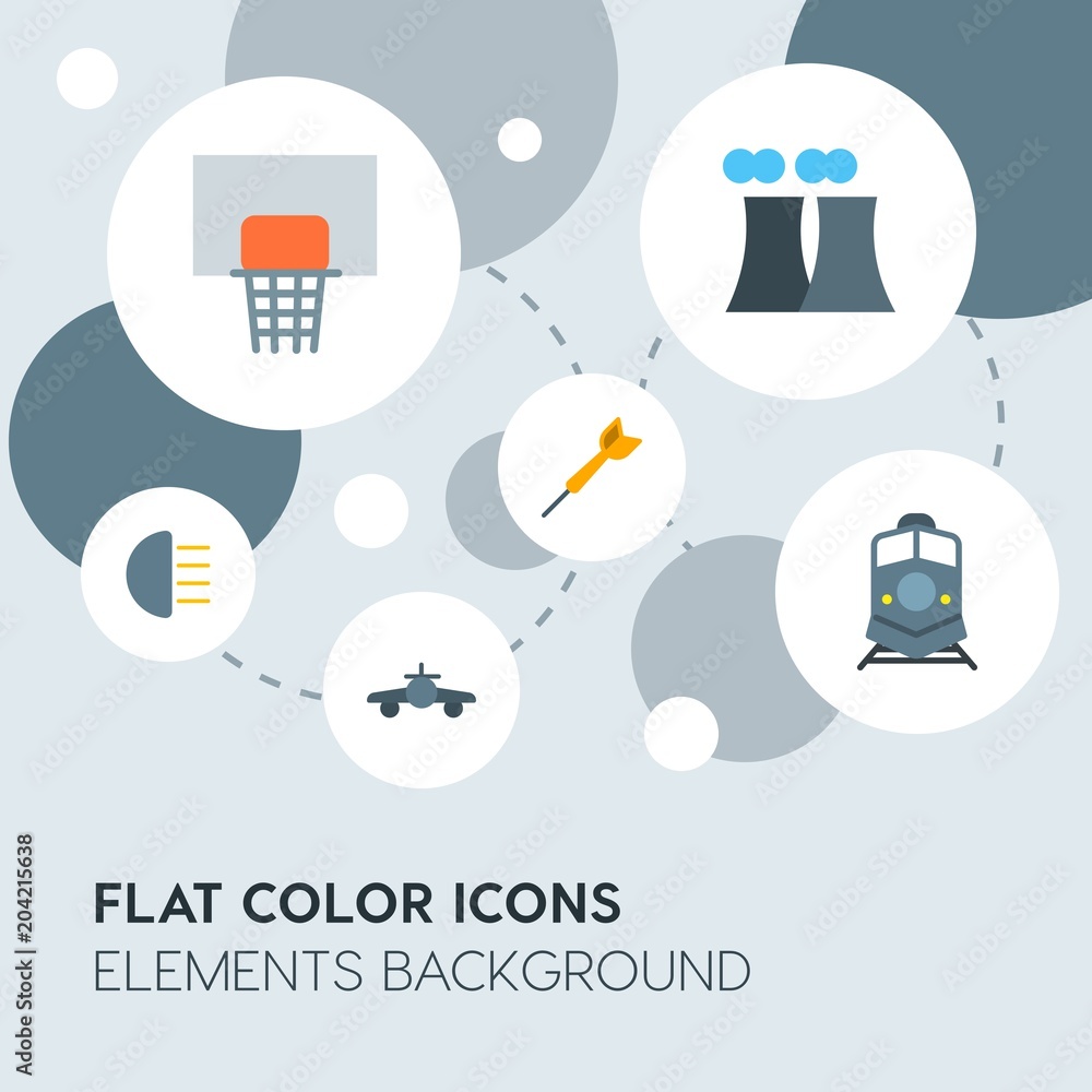 Poster transports, science, sports flat vector icons and elements background with circle bubbles networks.m