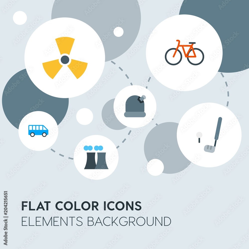 Poster transports, science, sports flat vector icons and elements background with circle bubbles networks.m