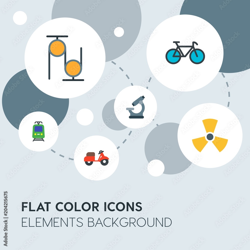 Poster transports, science, sports flat vector icons and elements background with circle bubbles networks.m
