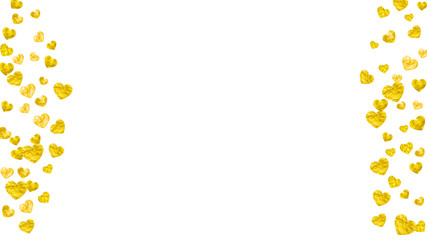 Bridal shower background with gold glitter hearts. Valentine day. Vector confetti. Hand drawn. Love theme for flyer, special business offer, promo. Wedding and bridal shower template with heart