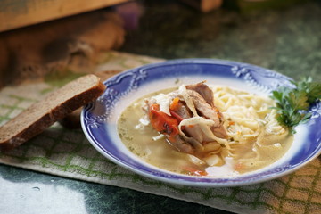 Soup with home-made noodles on chicken, noodles, fat, freshness, homemade cooking 22