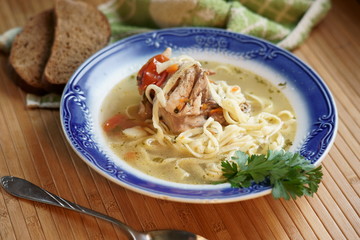 Soup with home-made noodles on chicken, noodles, fat, freshness, homemade cooking 30