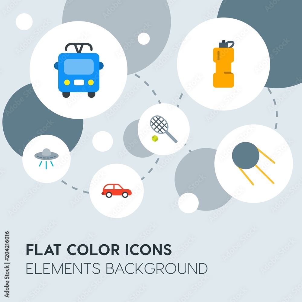 Poster transports, science, sports flat vector icons and elements background with circle bubbles networks.m