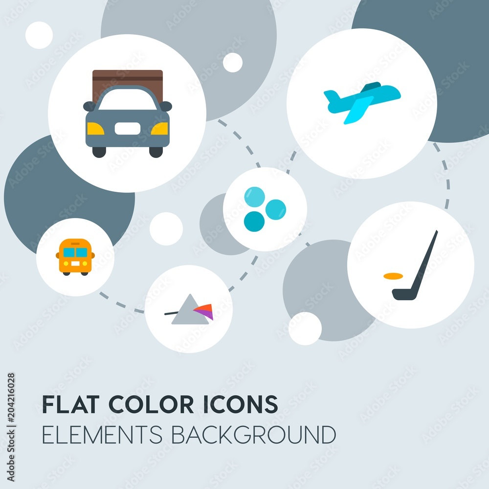 Poster transports, science, sports flat vector icons and elements background with circle bubbles networks.m
