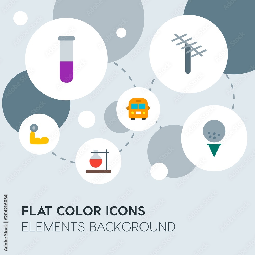 Poster transports, science, sports flat vector icons and elements background with circle bubbles networks.m