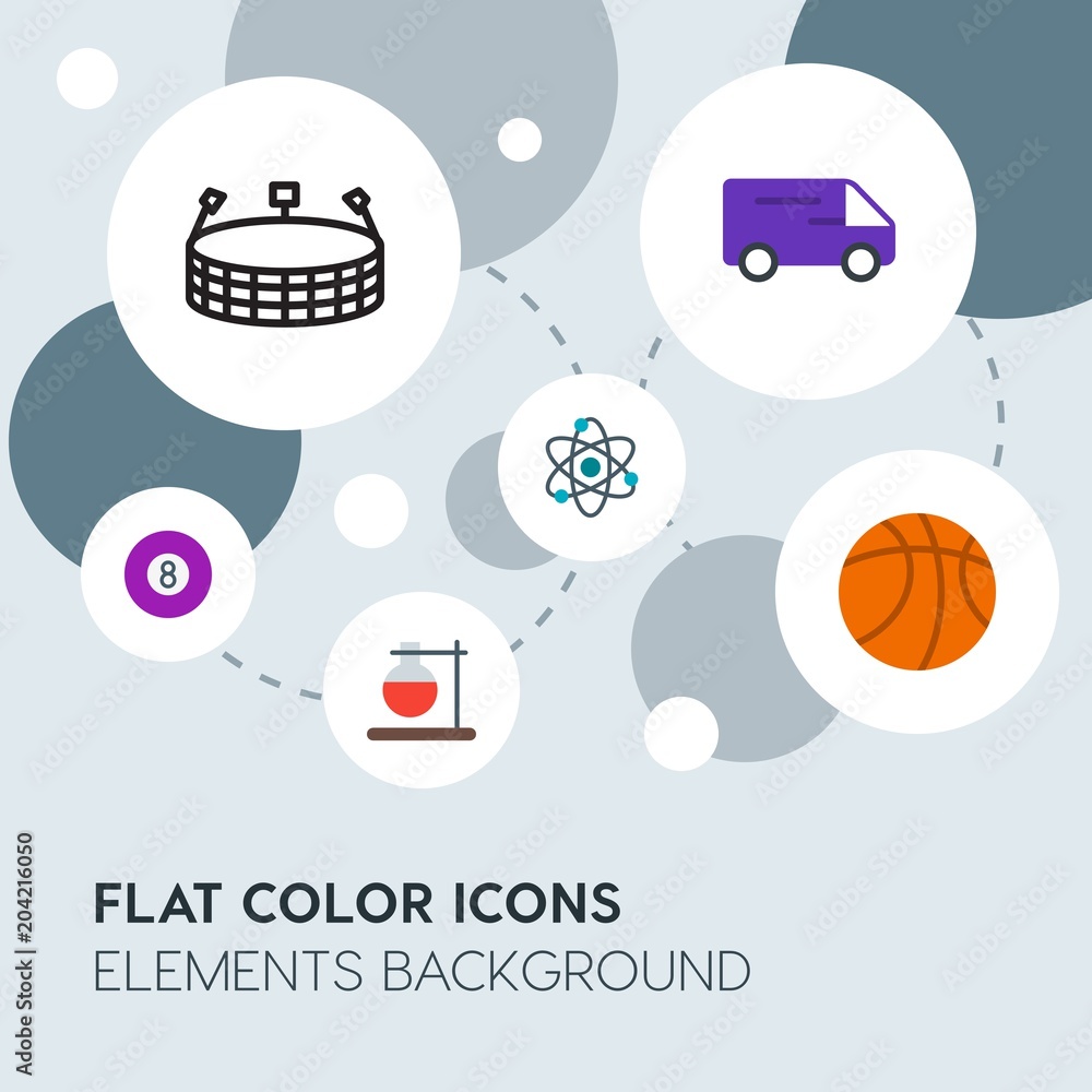Poster transports, science, sports flat vector icons and elements background with circle bubbles networks.m