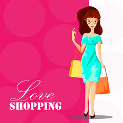 Fashion woman with shopping bag. Love shopping template, Fashion girl cartoon character - Vector illustration