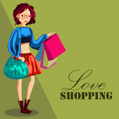 Fashion woman with shopping bag. Love shopping template, Fashion girl cartoon character - Vector illustration 