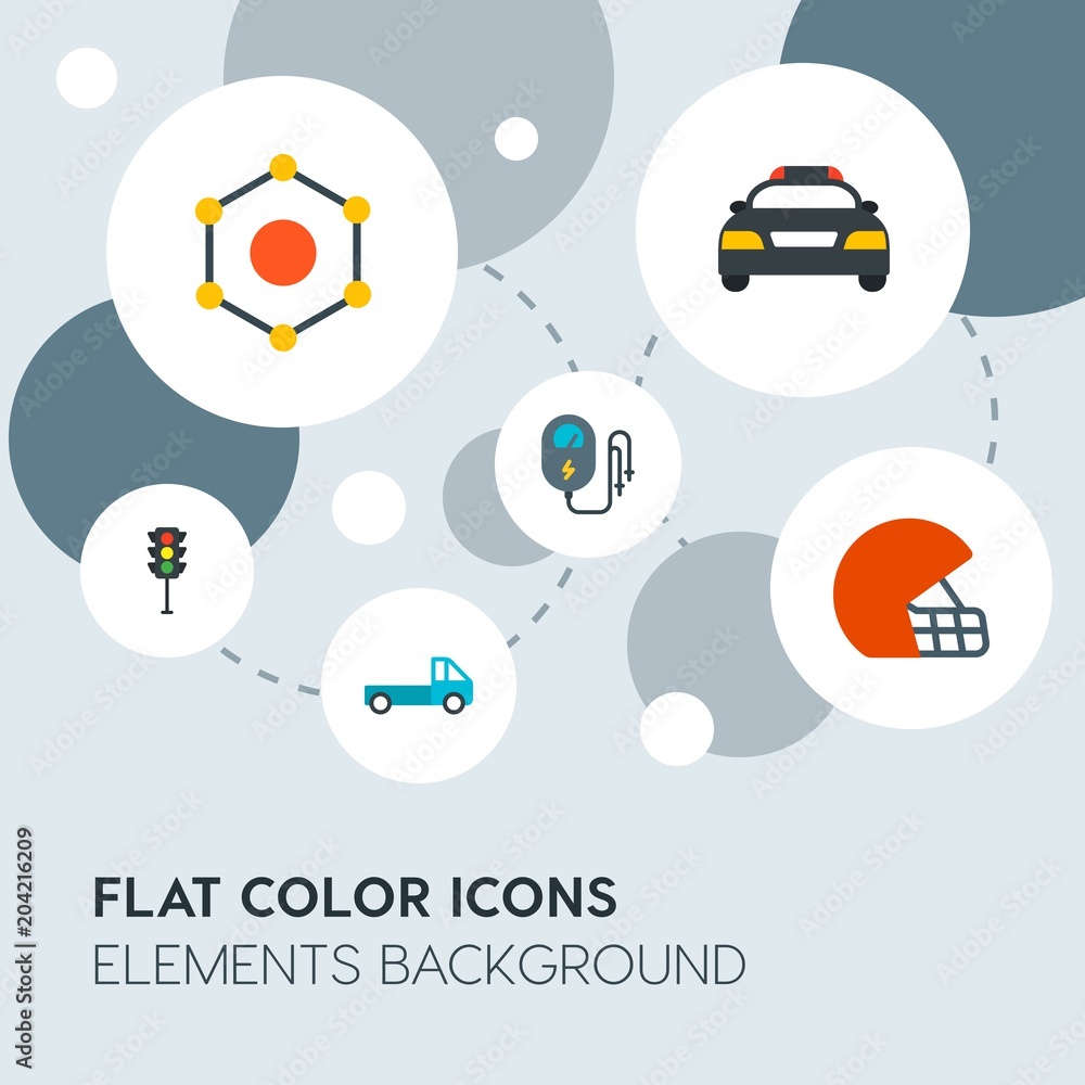 Poster transports, science, sports flat vector icons and elements background with circle bubbles networks.m