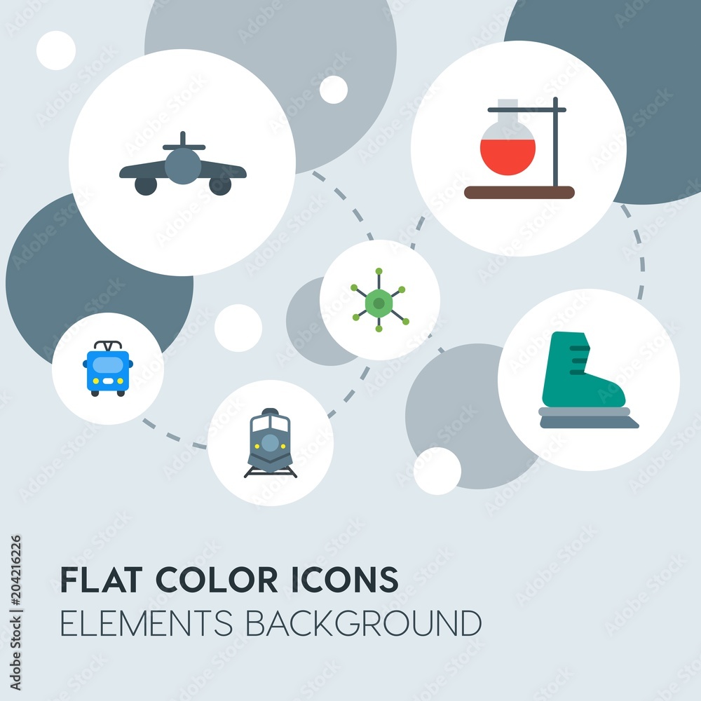 Poster transports, science, sports flat vector icons and elements background with circle bubbles networks.m