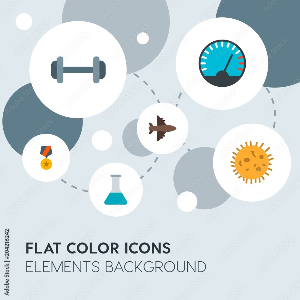 Poster transports, science, sports flat vector icons and elements background with circle bubbles networks.m