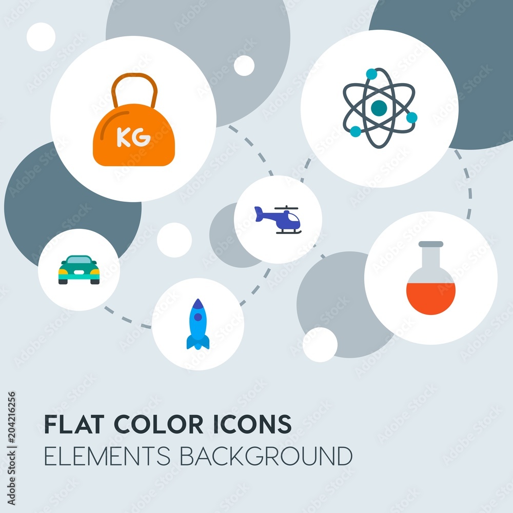 Poster transports, science, sports flat vector icons and elements background with circle bubbles networks.m