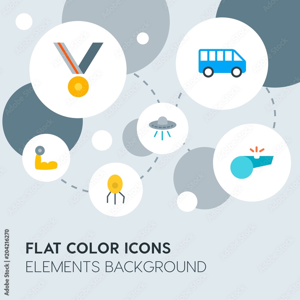 Poster transports, science, sports flat vector icons and elements background with circle bubbles networks.m