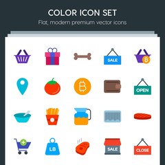 Modern Simple Set of food, drinks, shopping Vector flat Icons. Contains such Icons as  potato, food,  weight,  retail,  ribbon,  pound, box and more on dark background. Fully Editable. Pixel Perfect