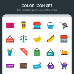 Modern Simple Set of food, drinks, shopping Vector flat Icons. Contains such Icons as  purse, gift,  money, leather,  close,  paper,  sign and more on dark background. Fully Editable. Pixel Perfect