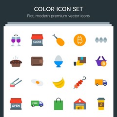 Modern Simple Set of food, drinks, shopping Vector flat Icons. Contains such Icons as  alcohol,  open, scrambled,  money, warehouse,  party and more on dark background. Fully Editable. Pixel Perfect