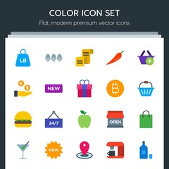 Modern Simple Set of food, drinks, shopping Vector flat Icons. Contains such Icons as shop,  bottle, food,  martini,  paper, tag,  espresso and more on dark background. Fully Editable. Pixel Perfect