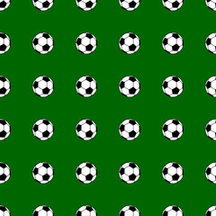 Seamless pattern of small soccer balls on green background.